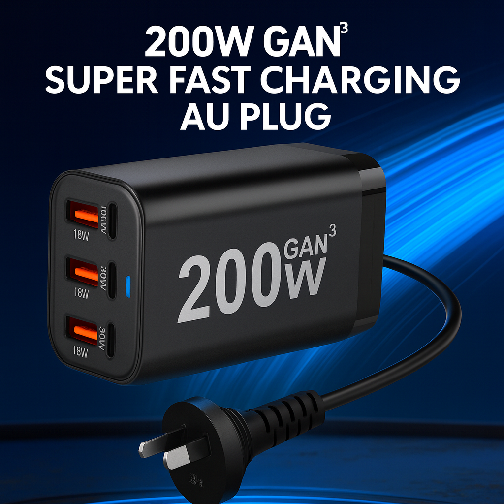 200W GaN³ Super Fast Charging Power Station | 4-Port USB-C + USB-A Charger with AU Plug | PD + QC3.0 for Laptop, iPhone, Samsung & More 200W GaN³ Super Fast Charging Power Station | 4-Port USB-C + USB-A Charger with AU Plug | PD + QC3.0 for Laptop, iPhone, Samsung & More